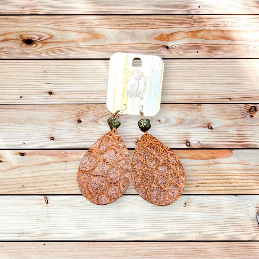 Leather teardrop earrings in brown gator with natural turquoise chunk